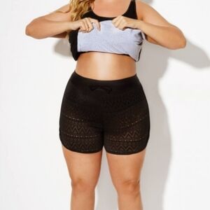 Black Hollow Out Lace Overlay Swim Short